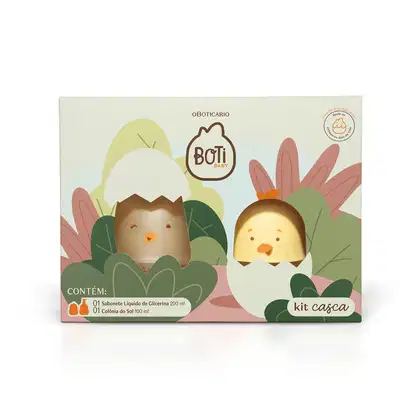 Kit Boti Baby que traz uma embalagem com desenhos de pintinhos saindo de dentro da casca do ovo em meio a folhagens. Dentro de caixa, há um sabonete líquido de glicerina e uma colônia do sol.
