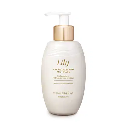 Frasco branco ovalado com detalhe dourado, tampa dosadora branca e letras bege escuras contendo 250ml de creme de banho acetinado da marca Lily