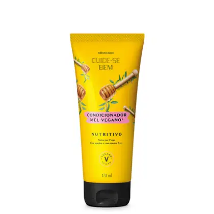 Frasco amarelo com tampa preta e ilustrações de palitos de madeira com mel e folhagens contendo 170ml de condicionador vegano Mel Cuide-se Bem Feira.