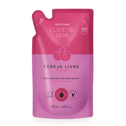 Refil de loção hidratante corporal Cuide-se Bem Cereja Livre em sachê de 350ml nas cores rosa e roxo com cerejas ilustradas.