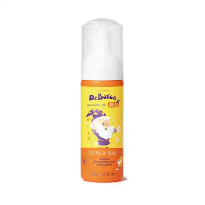Espuma de banho corporal Nuvem de Ideias Dr. Botica em frasco de 150ml com tampa branca e rótulo amarelo e laranja com ilustração do personagem da marca e logo em letras azuis.