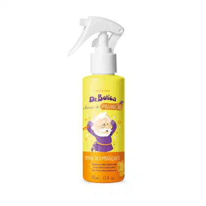 Loção desembaraçante Chuva de Imaginação Dr. Botica em frasco com válvula spray branca e rótulo amarelo com ilustração do personagem da marca.