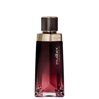 Frasco de perfume Malbec com design elegante em tons de vermelho e dourado, contendo líquido de cor rosada. O rótulo exibe o nome da marca em destaque.