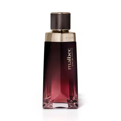 Frasco de item de perfumaria da marca Malbec, com formato retangular, em tons de marrom e vermelho, com rótulo dourado destacando o nome da marca.
