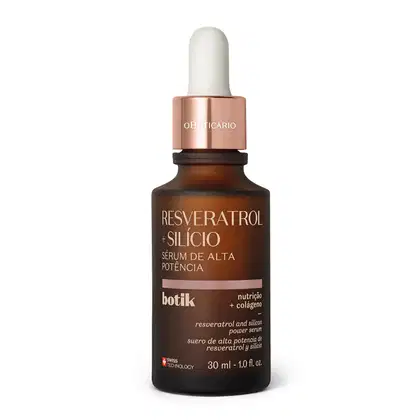 Frasco marrom com tampa dourada, conta-gotas branco e letras amarelas contendo 30ml de sérum de alta potência Botik Resveratrol e Silício.