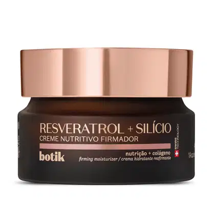 Pote marrom com tampa dourada e letras amarelas contendo 40g de creme nutritivo firmador Botik Resveratrol e Silício.