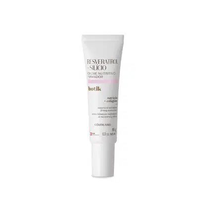 Bisnaga branca com letras marrons e detalhe cinza contendo 10g de creme nutritivo firmador Botik Resveratrol e Silício.