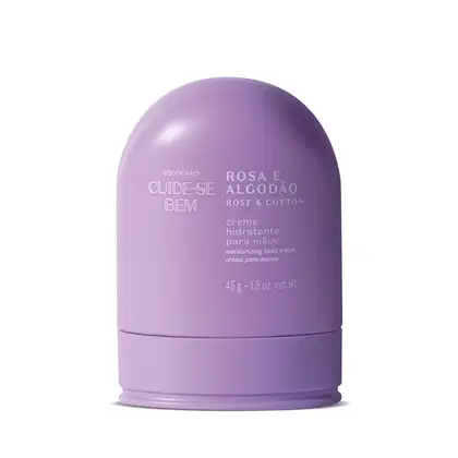 Frasco roxo com cantos arredondados e letras na cor lilás contendo 45g de creme hidratante para mãos Cuide-se Bem Rosa e Algodão.