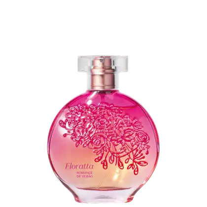 Item de perfumaria em frasco de vidro com tampa rosada. Embalagem com design floral em tons de rosa e laranja. Rótulo com o nome "Floratta Romance de Verao" em destaque.