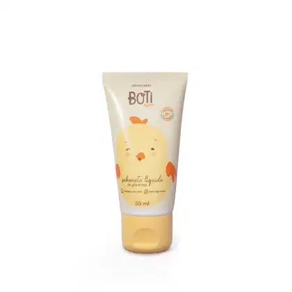 Bisnaga branca com tampa amarela e ilustração de um pintinho amarelo e laranja no rótulo contendo 50ml de sabonete líquido glicerinado Boti Baby.