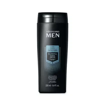 Shampoo e condicionador anticaspa 2 em 1 da marca Men em frasco preto com detalhes azuis e letras brancas.