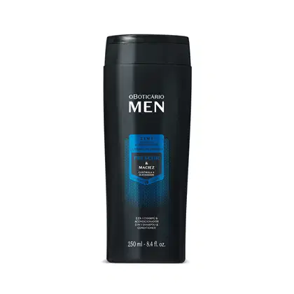 Frasco preto com detalhes azuis e letras brancas contendo 250ml de shampoo e condicionador 2 em 1 da marca Men.