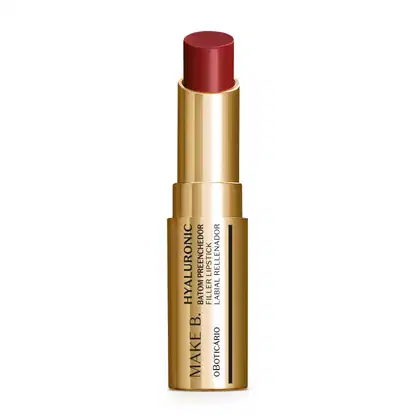 Batom preenchedor na cor Vermelho Red Classic da marca Make B. Hyaluronic em tubo dourado com letras pretas.