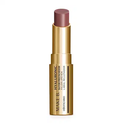 Batom preenchedor na cor Marrom Nude Chic da marca Make B. Hyaluronic em tubo dourado com letras pretas.
