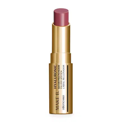Batom preenchedor na cor Rosa Rose Blush da marca Make B. Hyaluronic em tubo dourado com letras pretas.