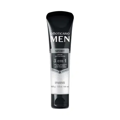 Bisnaga preta e branca com detalhes cinza contendo 100g de creme antiatrito 3 em 1 da marca Men Sport.
