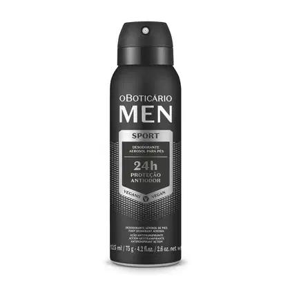Frasco preto com detalhes prateados e letras brancas contendo 125ml/75g de desodorante aerossol para os pés da marca Men Sport.