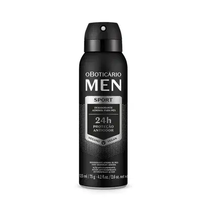 A imagem mostra um desodorante aerossol para pés o Boticário Men Sport de 125ml. É um produto voltado para homens que praticam atividades esportivas. A embalagem preta e moderna destaca que oferece 24 horas de proteção antiodores.