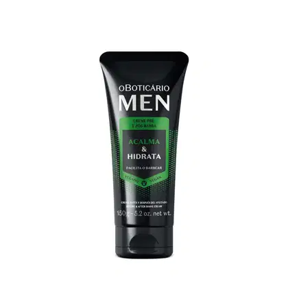 Na imagem um creme pré e pós-barba com ingredientes que acalmam e hidratam a pele, facilitando o barbear. O creme vem em um tubo preto com detalhes e informações escritos em verde e branco. Tem capacidade de 150g.