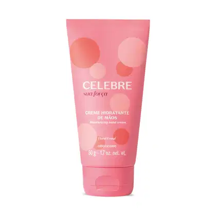 Bisnaga rosa com bolhas em tons de rosa e laranja contendo 50g de creme hidratante de mãos da marca Celebre Sua Força.