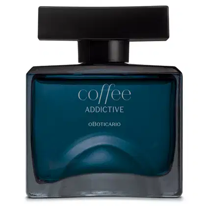Vidro quadrado azul com tampa retangular preta e rótulo com letras cinzas contendo 100ml de desodorante colônia Coffee Addictive Oriental Aromático.