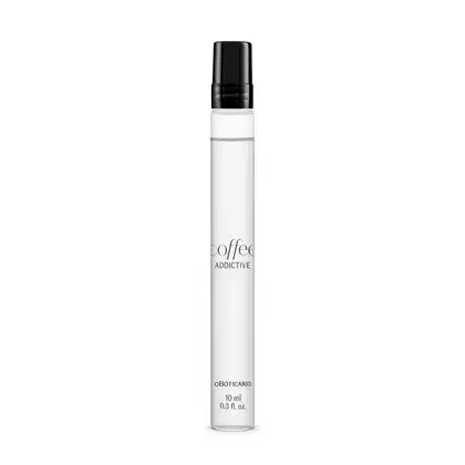Vidro transparente com líquido claro, tampa e letras pretas contendo 10ml de desodorante colônia Coffee Addictive Man.
