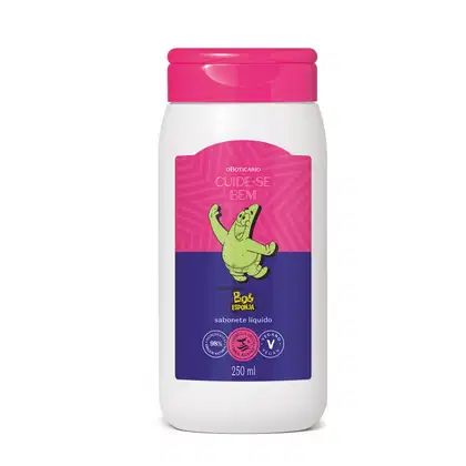 Frasco branco com tampa rosa e rótulo na cor rosa e azul com ilustração do personagem Patrick Estrela contendo 250ml de sabonete líquido corporal da marca Cuide-se Bem Bob Esponja e Amigos.