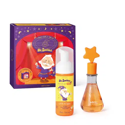 Kit  Dr. Botica contendo caixa de presente com personagem da marca, frasco com válvula spray e rótulo amarelo e laranja também com o personagem da marca e frasco com líquido laranja e estrela laranja na conta de colônia infantil Poção da Criatividade.