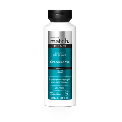Frasco branco com tampa preta e rótulo nas cores azul metalizado, preto e prateado contendo300ml de shampoo Match Science Crescimento.