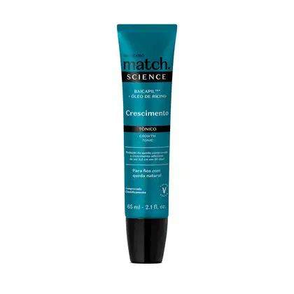 É um produto de tratamento capilar da linha Match Science. A embalagem é um tubo plástico azul com detalhes em preto. O rótulo indica que é um tônico de crescimento capilar. Contém 65ml.