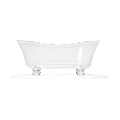 Banheira em acrílico branco em formato oval alongado com bordas arredondadas. Base retangular transparente com quatro pés arredondados. Superfície lisa e brilhante. Design minimalista e elegante, adequado para ambientes de spa e banheiros luxuosos.