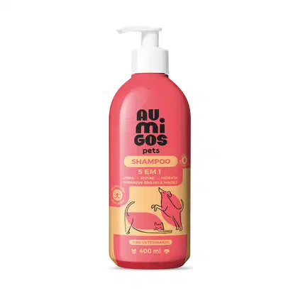 Frasco laranja e rosa com ilustração de pets no rótulo e bomba dosasdora branca contendo 400ml de shampoo 5 em 1 da marca Au.Migos Pets.