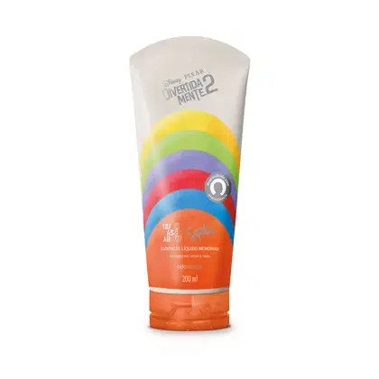 Sabonete líquido corporal Memórias Sophie Quasar Next Divertida Mente 2 o Boticário. Embalagem de 200ml na cor laranja com arco-íris colorido de faixas amarela, verde, roxa, vermelha, azul e laranja.