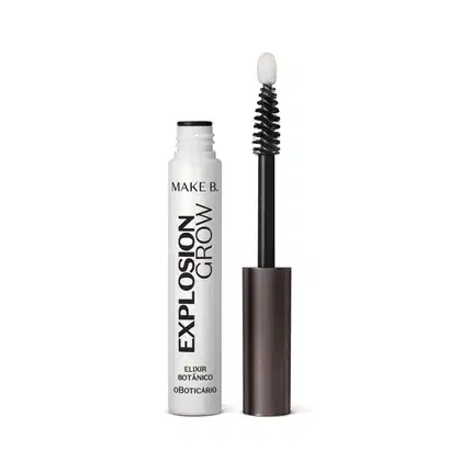 Frasco branco com tampa, haste, aplicador e letras, tudo na cor preta, contendo 5g de sérum para cílios e sobrancelhas Explosion Grow da marca Make B.