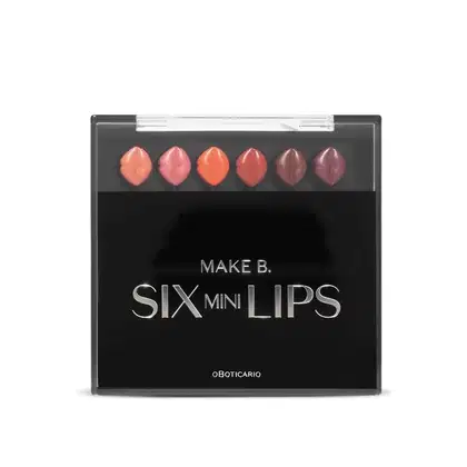A imagem mostra um gif animado com o estojo de maquiagem da marca Make B. chamada "Six Mini Lips". É uma embalagem retangular preta com seis batons em formato de lábios dispostos em duas fileiras. Os batons apresentam tons variados de rosa, coral e vinho.