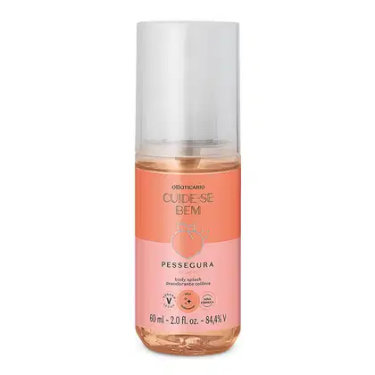 Frasco transparente com líquido rosa, tampa branca e rótulo em tons de rosa com pêssego ilustrando contendo 60ml de body splash Cuide-se Bem Pessegura.