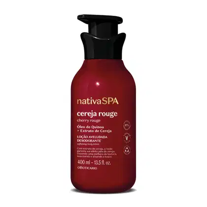 Frasco vermelho escuro com tampa dosadora preta e letras douradas e brancas contendo 400ml de loção aveludada corporal da marca Nativa SPA Cereja Rouge.