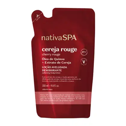 Refil de loção aveludada corporal da marca Nativa SPA Cereja Rouge em sachê vermelho escuro, letra brancas e detalhe rosa, contendo 350ml do produto.