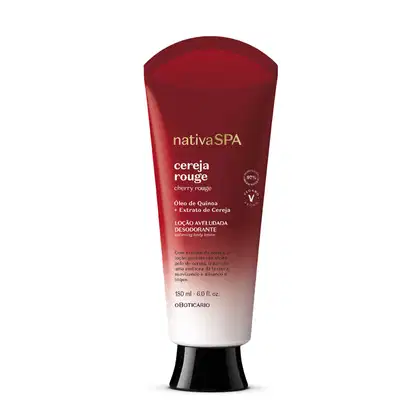 Bisnaga com degradê de vermelho escuro e branco, letras douradas e brancas com tampa preta contendo 180ml de loção aveludada corporal Nativa SPA Cereja Rouge.