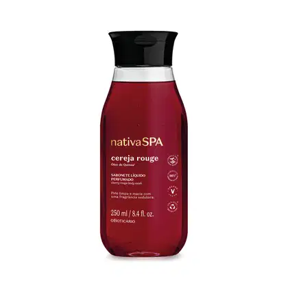 Frasco transparente com liquido vermelho escuro, tampa preta e rótulo em letras brancas e douradas contendo 250ml de sabonete líquido da arca Nativa SPA Cereja Rouge.