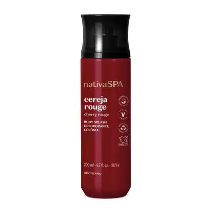 Frasco vermelho escuro com tampa preta e letras brancas e douradas contendo 200ml de body splash Nativa SPA Cereja Rouge.