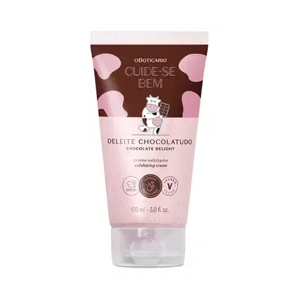 Creme esfoliante corporal Cuide-se Bem Deleite Chocolatudo em embalagem tubular de cor rosa claro com detalhes em marrom. Rótulo com ilustração de uma vaca segurando uma barra de chocolate.