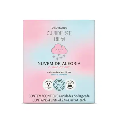 Caixa em tons de rosa e azul com ilustração de nuvem sorridente contendo quatro sabonetes em barra de 80g cada.