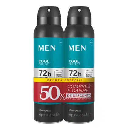 Dois frascos de 90g/150ml cada um contendo desodorante antitranspirante aerossol Men Cool Protect em embalagem preta com detalhes azuis. Em volta das embalagens há uma oferta especial de 50% de desconto na segunda unidade.