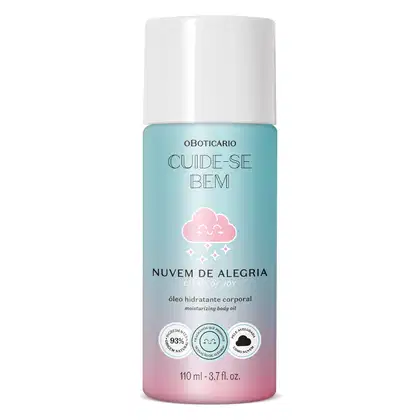 Frasco em tons de rosa e azul com ilustração de uma nuvem sorridente e tampa branca contendo 110ml de óleo hidratante corporal Cuide-se Bem Nuvem de Alegria.