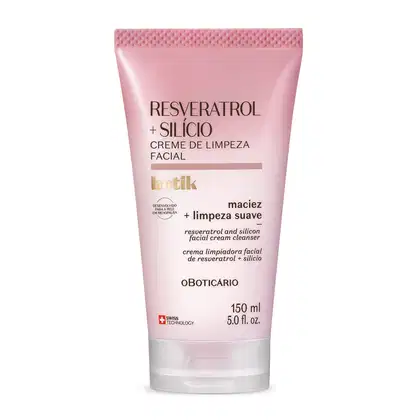Bisnaga com degradê de rosa e branco e letras marrons contendo 150ml de creme de limpeza facial Botik  Resveratrol e Silício.