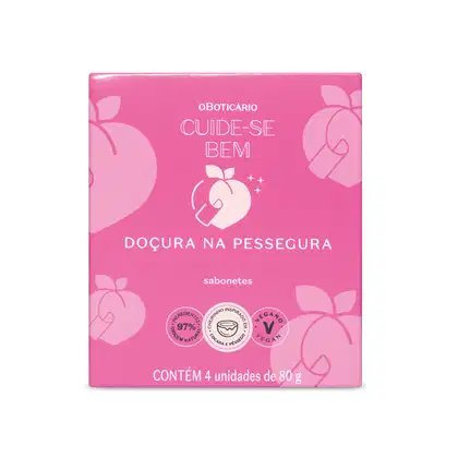 Caixa pink com ilustrações de pêssego em rosa claro contendo Sabonetes Em Barra Cuide-se Bem Doçura na Pessegura 4x80g, da marca Cuide-se Bem Pessegura de o Boticário.