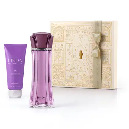 Caixa bege com detalhes dourados, frasco longo com líquido roxo e tampa na mesma cor em formato de flor de desodorante colônia Linda Irresistível e bisnaga roxa com letras lilás de creme hidratante corporal da mesma marca.