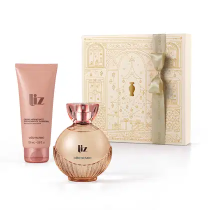 Caixa bege com detalhes dourados, frasco rosa claro com tampa dourada de desodorante colônia Liz e bisnaga ros com letras vinho de loção hidratante corporal da mesma marca.