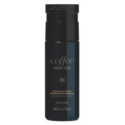 Frasco preto com letras bege escuro contendo 200ml de loção hidratante desodorante corporal Coffee Addictive Oriental Aromático.